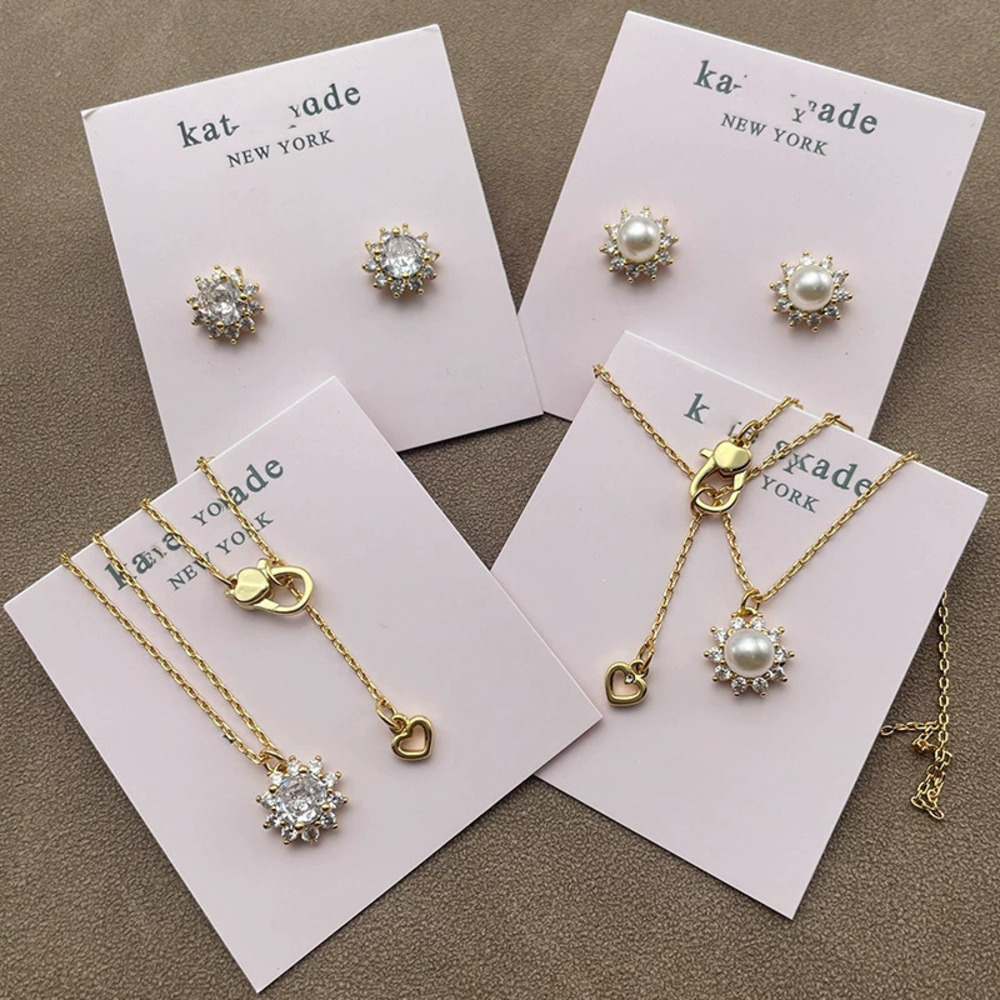 Tory Burch Gold Plated CZ Sunflower Earrings Necklace Set Faux Pearl Earrings
